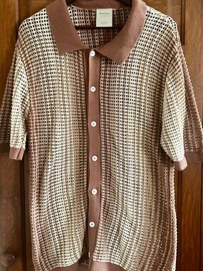 Massive Luxury Size L Open Knit Crochet Button Front Polo Shirt Beige Brown